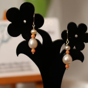 Coral pearl earrings gold10k,June Birthstone,Jewelry Gift,wedding jewelry,Girlfriend Gift,Gold Gemstone Earrings