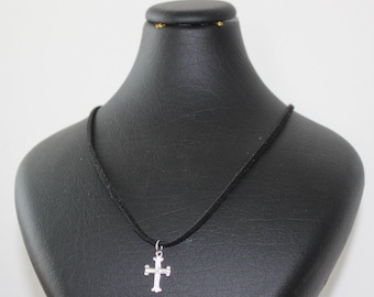 Sterling Silver Cross Pendant, Black Leather Necklace