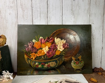 Original Floral Still Life Amateur Oil on Board Albert Rodgers 1976 Artwork Painting