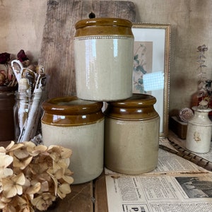 May include: Three antique stoneware jars with brown rims and lids. The jars have a cream-coloured body and a decorative band near the top. The jars are stacked, with dried flowers and vintage ephemera in the background.
