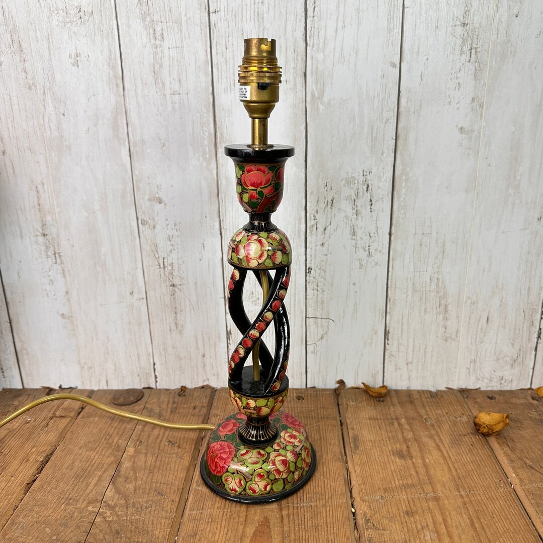 Vintage Wooden Candlestick Lamp Kashmiri Paper Mache Table Lamp Etsy UK