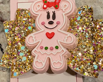 Custom Disney Inspired Minnie Mouse Christmas Holiday Gingerbread Pink Gold Glitter Hair Bow Hairbow