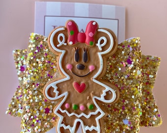 Custom Disney Inspired Minnie Mouse Christmas Holiday Gingerbread Tan Brown Gold Glitter Hair Bow Hairbow