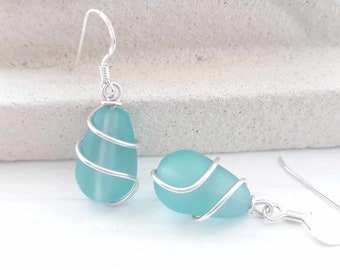 Sterling Silber Türkis Sea Glass Tropfen Ohrringe: Hand Wired