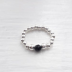Sterling Silver Ring with Black Onyx, stretch silver beaded ring