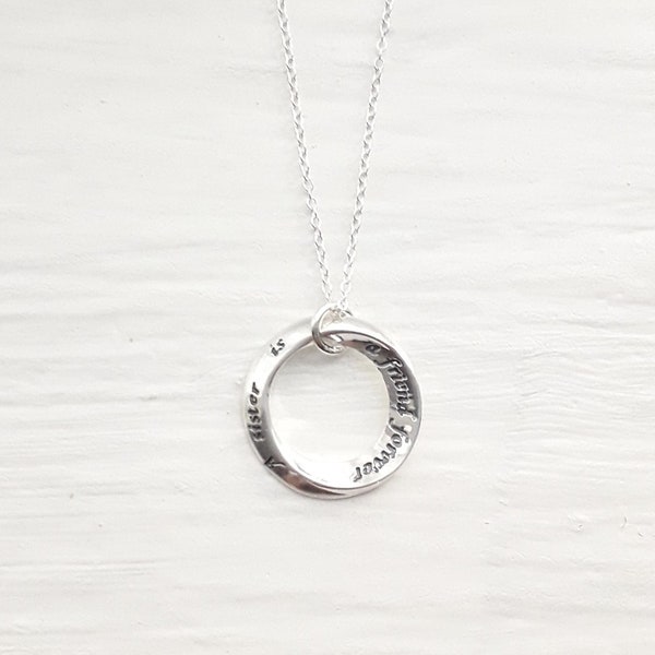 Sterling Silver 'A Sister Is A Friend Forever' circle, ring pendant necklace. Sister pendant.