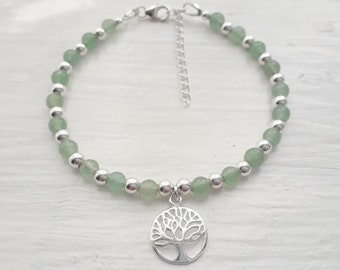 Sterling silver and Green Aventurine Tree of Life charm bracelet, beaded charm bracelet