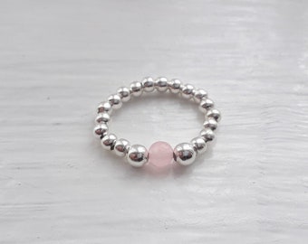 Sterling Silver Beaded Ring: Pink Rose Quartz Stretch Ring
