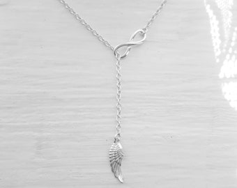 Collana con ciondolo a forma di ala d'angelo in argento sterling: ciondolo infinito, catena da 45 cm.