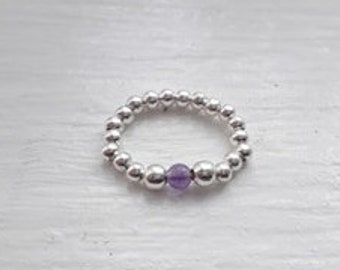 Sterling Silver Ring with Purple Amethyst, stretch silver beaded ring