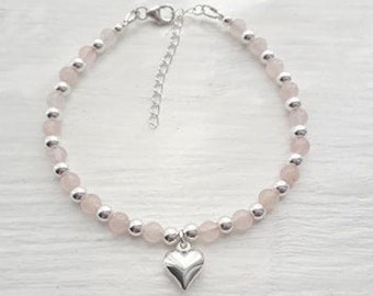Sterling silver and Rose Quartz Heart charm bracelet, gemstone beaded bracelet