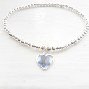 Sterling silver and real pressed forget me not flower beaded stretch stacking bracelet. Forget me not bracelet image 4