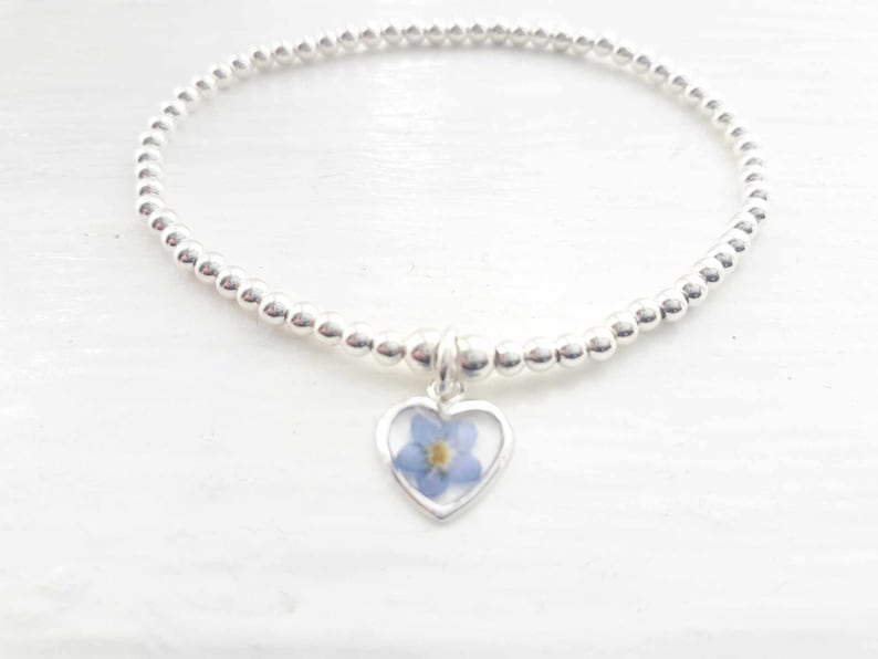 Sterling silver and real pressed forget me not flower beaded stretch stacking bracelet. Forget me not bracelet image 4