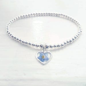 Sterling Silver Beaded Stretch Bracelet: Real Forget-Me-Not Heart Charm