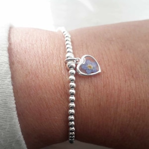 Sterling silver and real pressed forget me not flower beaded stretch stacking bracelet. Forget me not bracelet image 5