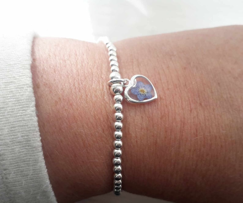 Sterling silver and real pressed forget me not flower beaded stretch stacking bracelet. Forget me not bracelet image 5