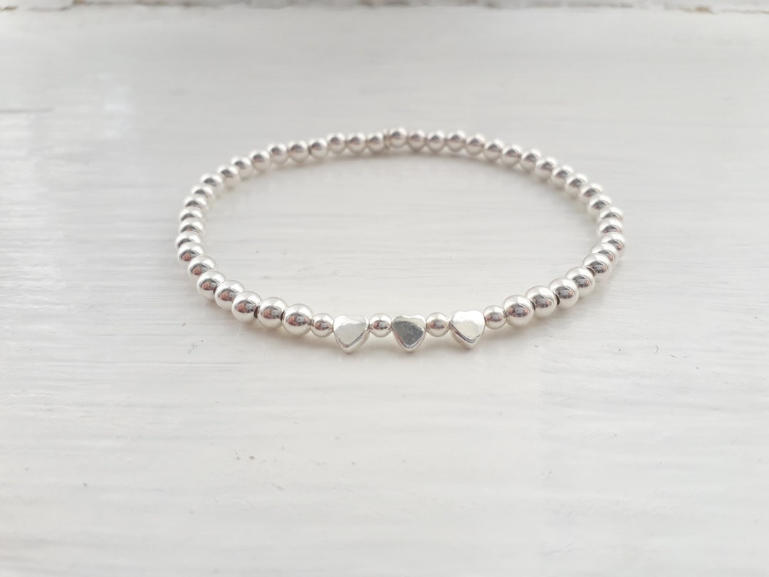 Sterling Silver Beaded Heart Stretch Stacking Bracelet. Silver Etsy