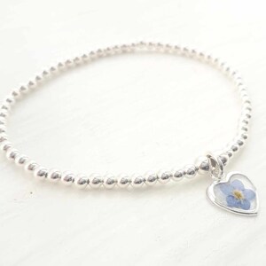 Sterling silver and real pressed forget me not flower beaded stretch stacking bracelet. Forget me not bracelet image 2