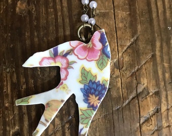Vintage Broken China Bird Necklace