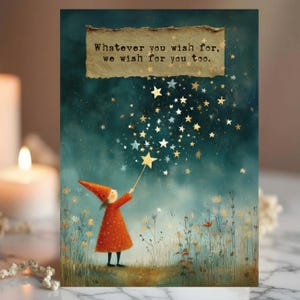 May include: Greeting card with a whimsical illustration. A figure in an orange outfit with a pointed hat holds a star wand, conjuring stars against a teal night sky. The text on the card reads, "Whatever you wish for, we wish for you too."