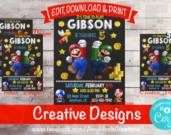 Super Mario Invitation Imprimer Vous Meme Super Mario Etsy
