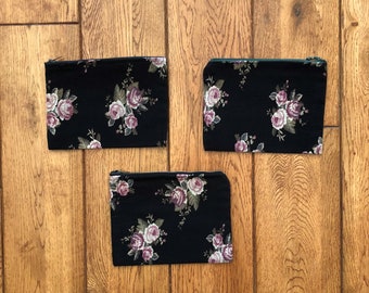 Black Floral Rose Pouches w/ Vintage Zippers