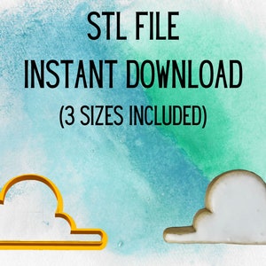 May include: STL FILE INSTANT DOWNLOAD (3 SIZES INCLUDED)  A digital download of a 3D printable cloud cookie cutter design. The image shows a yellow 3D printed cloud cookie cutter and a white cookie in the shape of a cloud.
