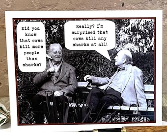 Cows and Sharks Card, Vintage Photo Card for Friend's Birthday, Card for Coworker