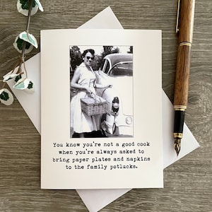Funny Vintage Photo Birthday Card: Not a Good Cook, Family Potlucks