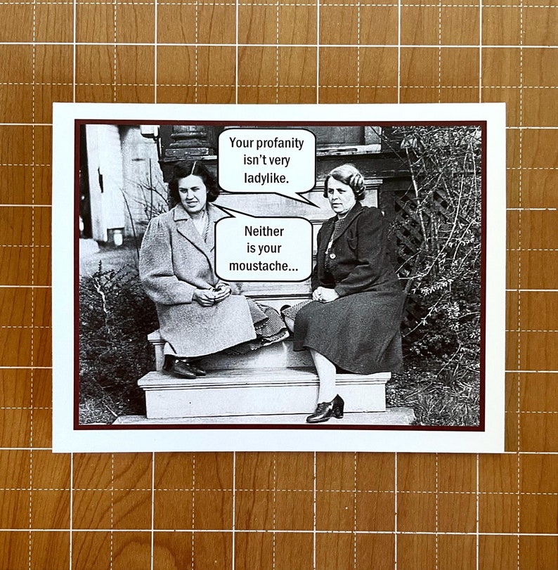 Funny Mother's Day Card, Vintage Photo Mother/Daughter Card, Funny Moustache Birthday Card image 1
