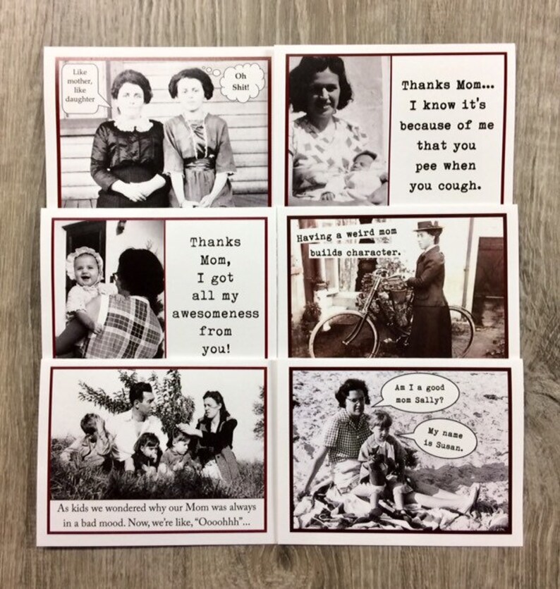 May include: Set of six humorous greeting cards featuring black and white photos with funny captions about mothers. The cards have a red border and are printed on white cardstock.