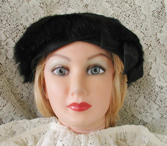 VINTAGE SATIN FURRY HAT Valerie Modes Vintage 1960s - 1970s Satin Brim & Rabbit Fur  main image 2