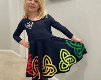 Rainbow Celtic Knot Heart Child's Long Sleeve Dress, Girls Celtic Dress, Rainbow dress, Irish Dance Dress, Spin and Twirl Dress, Irish Dress