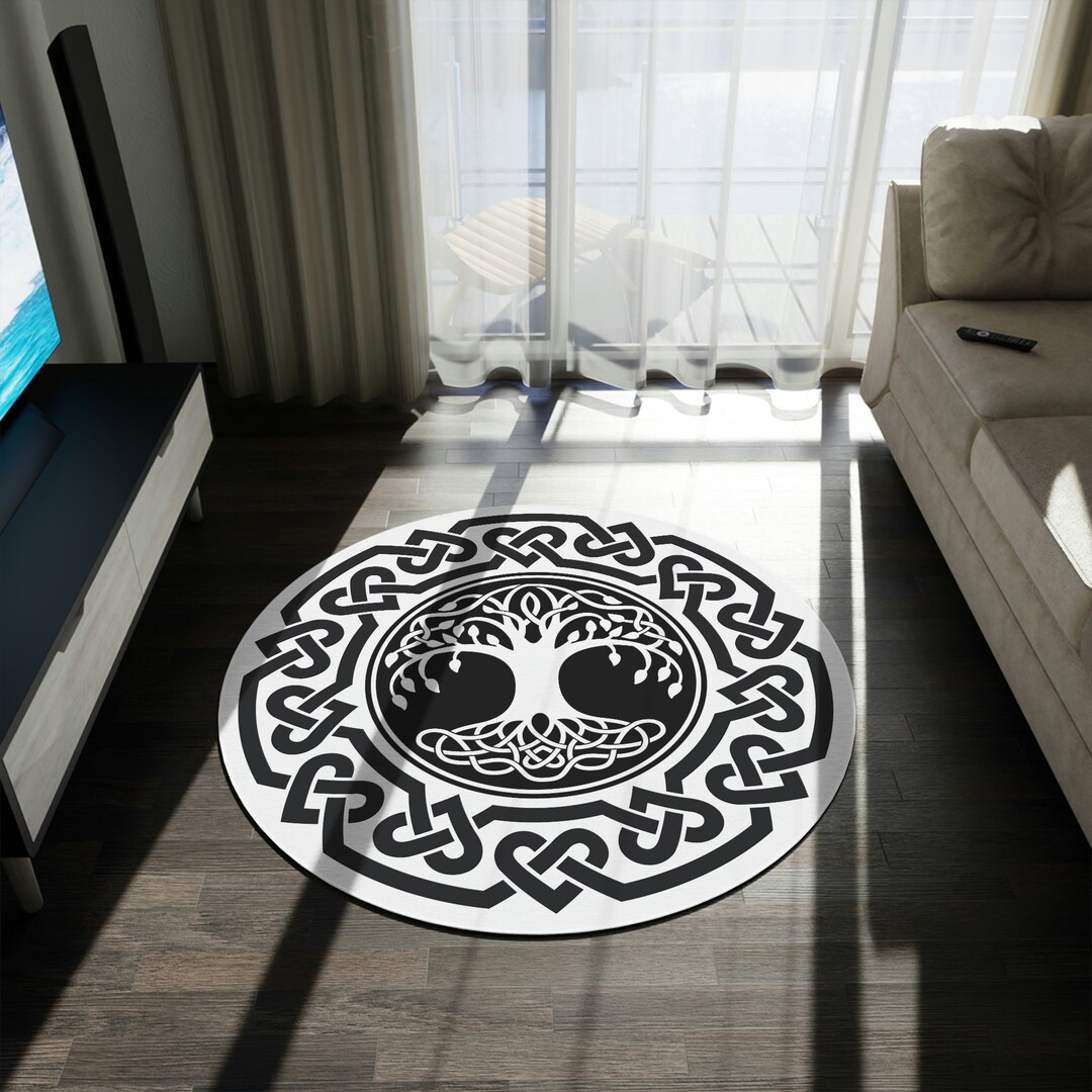 Tree of Life Celtic Knot Round Rug, Black and White Round Rug, Celtic