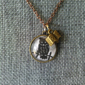 May include: A copper chain necklace with a round glass pendant featuring a black silhouette of an owl perched on a branch. A small gold charm of a book is attached to the chain.