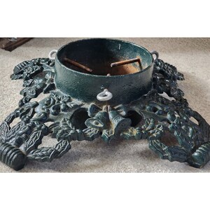 Vintage Holly Bells Green Christmas Tree Stand Powder Coated Cast Iron Ornate image 1