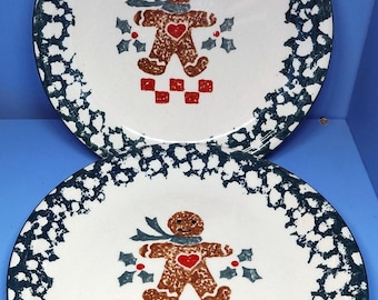 2 assiettes à dessert salade de pain d'épice Tienshan Folkcraft Noël VTG en grès
