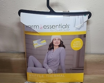 Chemise pour femme Cuddl Duds Warm Essentials Thermal Henley Check Gris NOUVEAU PETIT