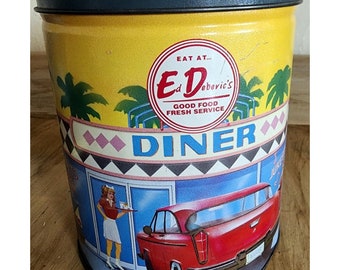 1994 Eat at Ed Debenic's Diner Advertising Tin Metal Olive Can & Cover Old Cars