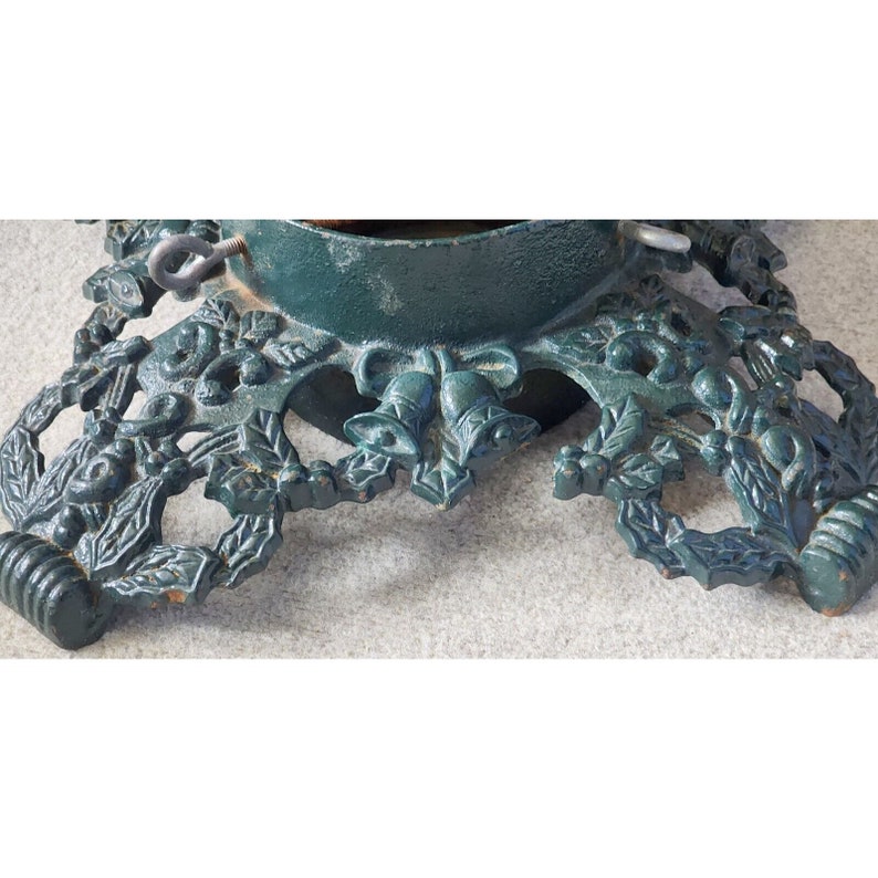 Vintage Holly Bells Green Christmas Tree Stand Powder Coated Cast Iron Ornate image 2