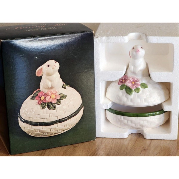 Vintage Avon 1982 Bunny Luv Hand Painted Ceramic Trinket Box Easter Rabbit Box