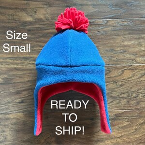 Fleece Hat, Size Small Blue and Red Hat, Infant, Baby, Child, Winter Hat, Aviator Hat, Baby Branch Boutique