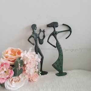 Vintage Ancient Greek Roman Oxidized Bronze Mythology Deities Statues Goddess Artemis Diana & God Apollo/Divine Twinship Archers/ Gift Twins