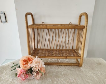 Vintage Wicker Rattan Bathroom Vanity Shelf/Knick Knack Double Wall Hanging Shelf/Hanging Medicine Cabinet/Shabby Chic Entrance Office Decor