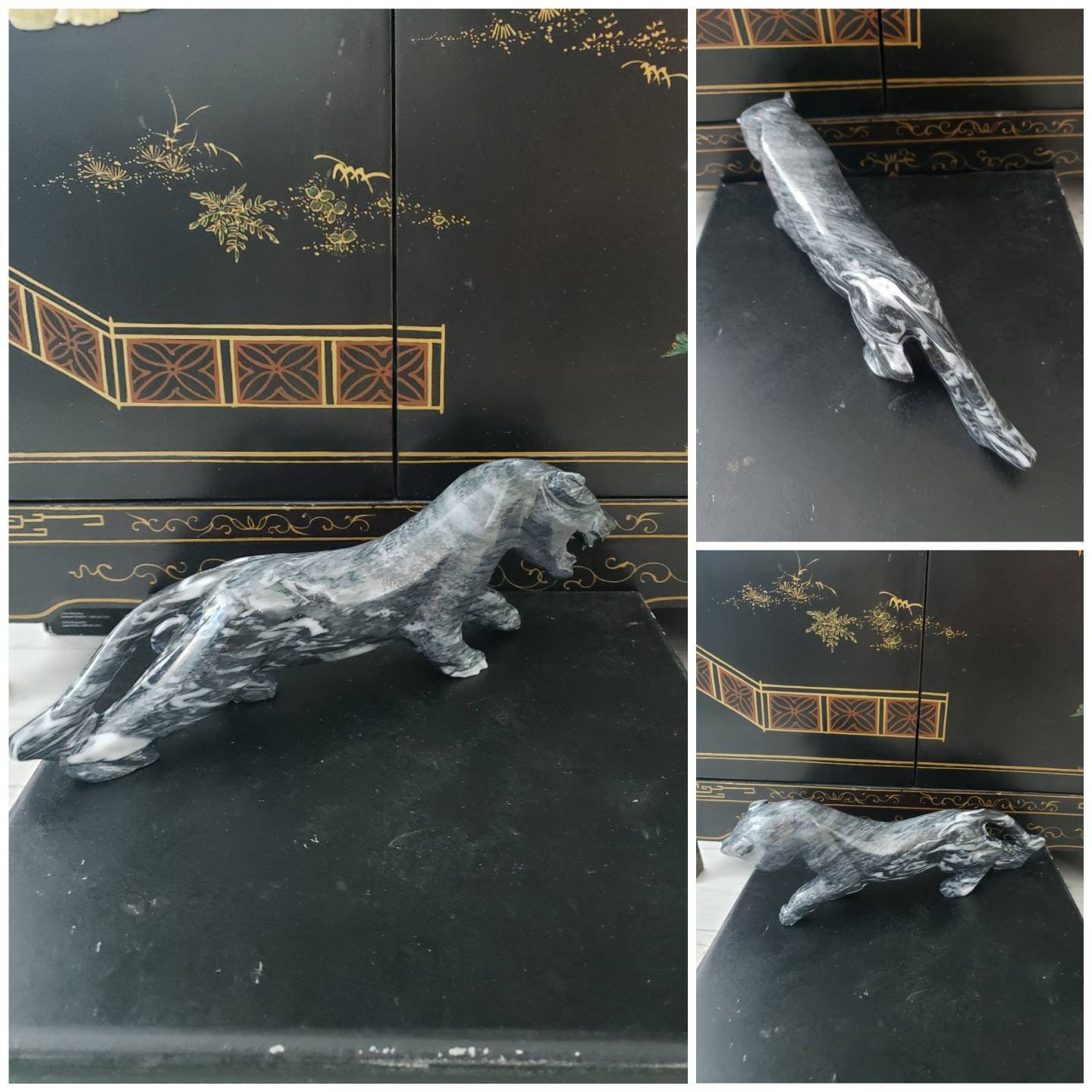 Vintage Carved Black Onyx Marble Puma Panther Jaguar Figurine/ Retro