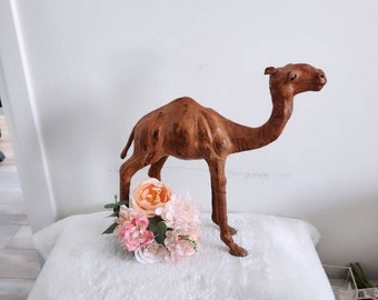 Vintage Dromedary Arabian Leather Camel Figurine/ Leather Covered Camel Sculpture/ Wrapped Leather Camel Statue/ Handmade Camel/