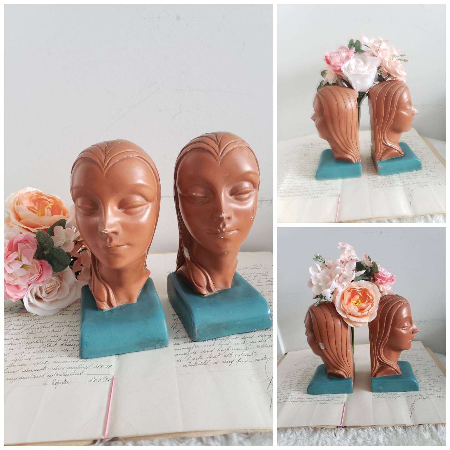 Vintage Art Deco Ladies Head Bookends Marbello/ Art Deco Etsy