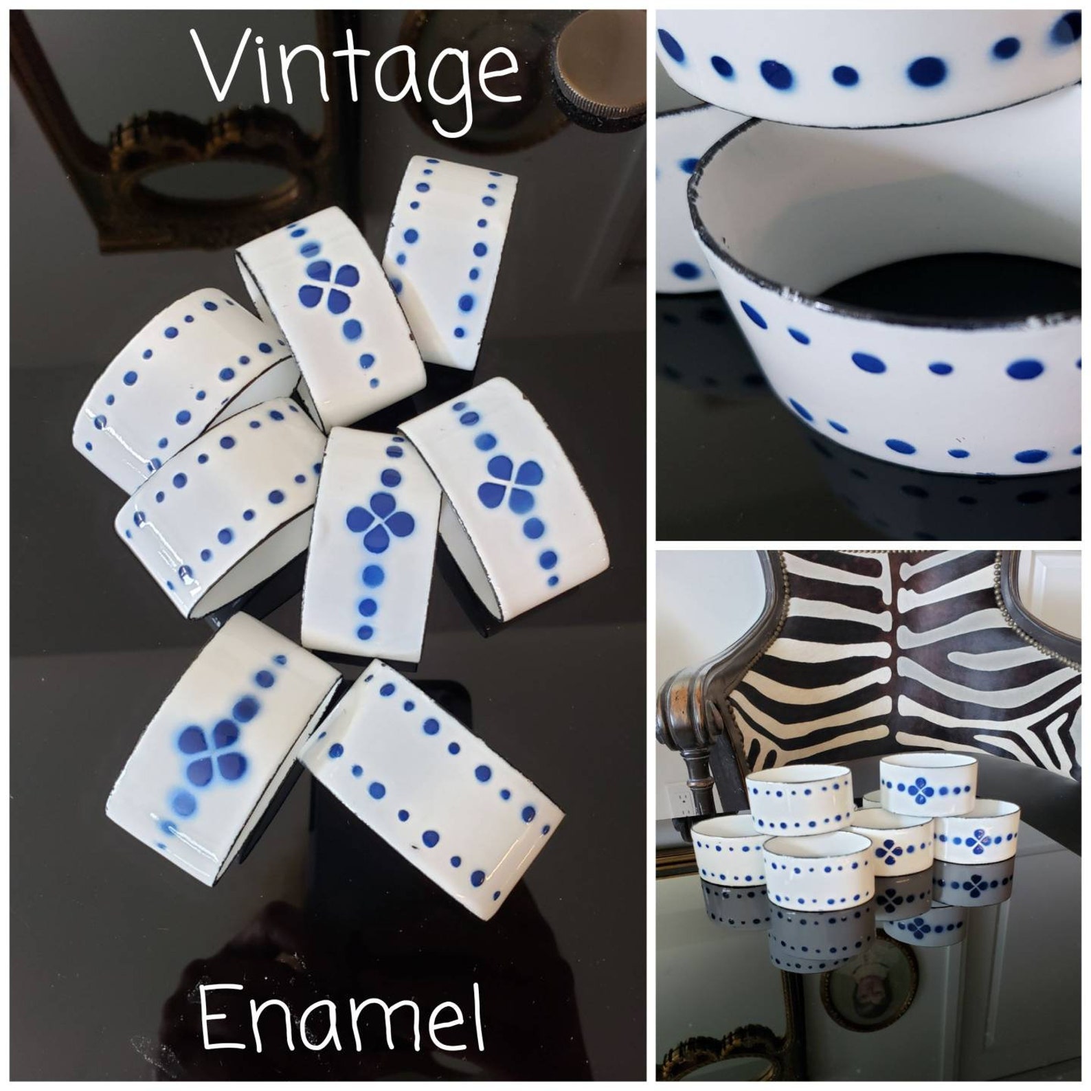 Vintage Ikea Heder Enamel White and Blue Napkin Rings/ Designer