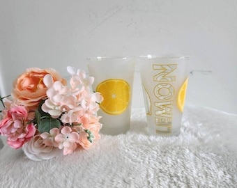 Vintage Cerve Frosted Lemon Tumbler Drinking Glasses Made in Italy Retro Set of 2 Drinkware/ Brunch Glasses/ Lemon Decor/ Barware/ Lemonade