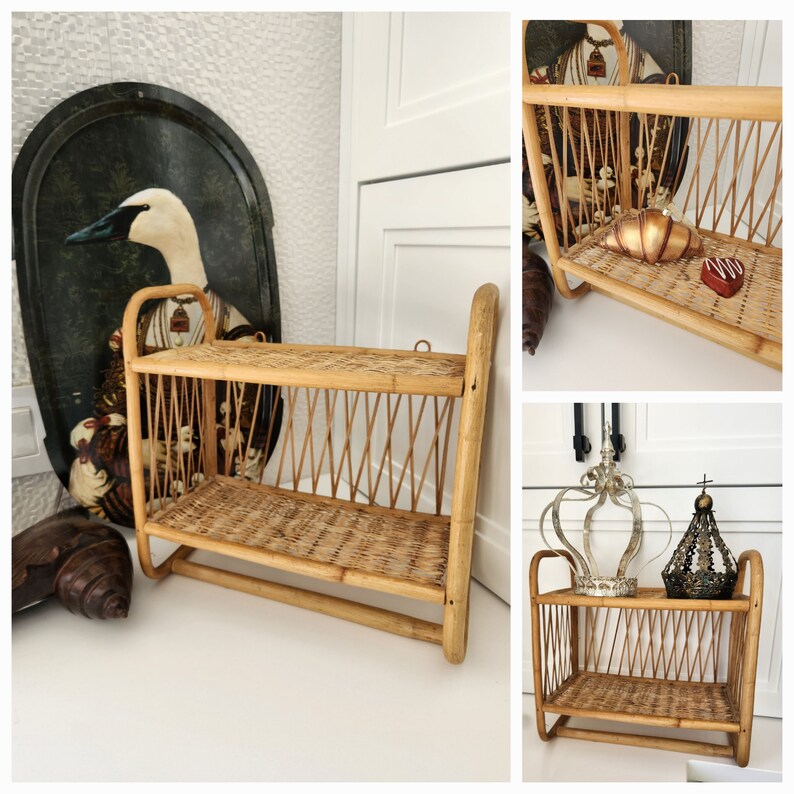 Vintage Wicker Rattan Bathroom Vanity Shelf/knick Knack Double Wall Hanging Shelf/hanging ...